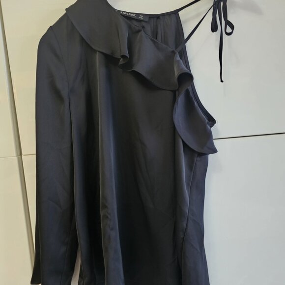 Zara One Shoulder Blouse Black Satin Ruffle Top Long Sleeve Flowy Sexy - Picture 2 of 7